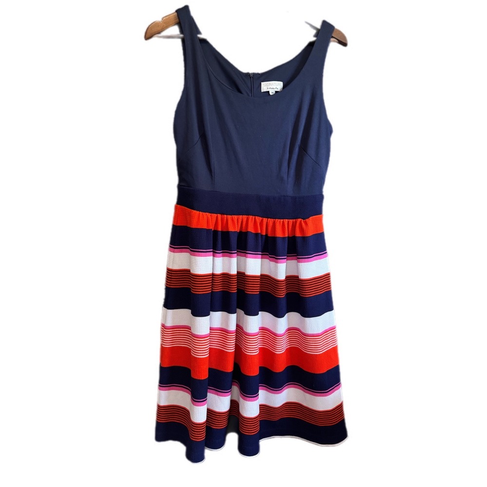 Signature by Robbie Bee Fit and Flare Dress Womens Medium Blue Striped Excellent